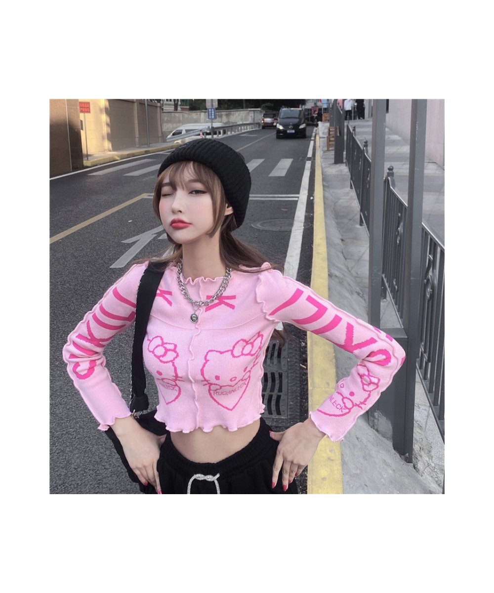 Pink Cropped Womens Autumn Winter Sweaters 20231 The New Fashion Printing Ruffle Pullover $26.28 - Sweaters