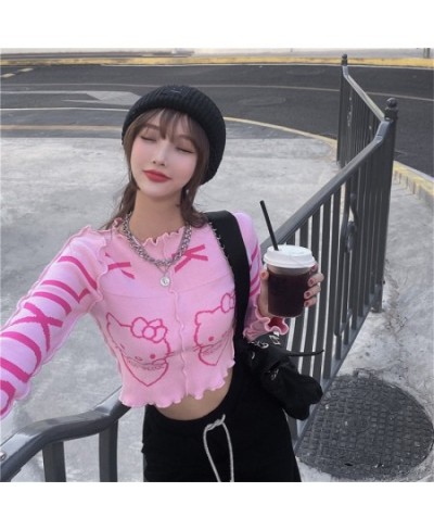 Pink Cropped Womens Autumn Winter Sweaters 20231 The New Fashion Printing Ruffle Pullover $26.28 - Sweaters