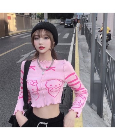 Pink Cropped Womens Autumn Winter Sweaters 20231 The New Fashion Printing Ruffle Pullover $26.28 - Sweaters