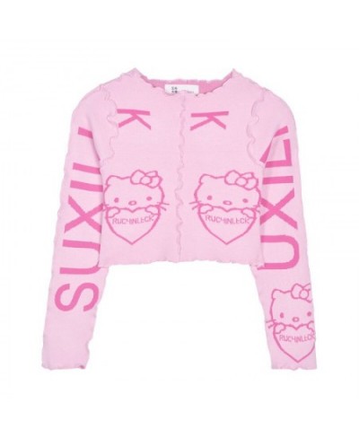 Pink Cropped Womens Autumn Winter Sweaters 20231 The New Fashion Printing Ruffle Pullover $26.28 - Sweaters