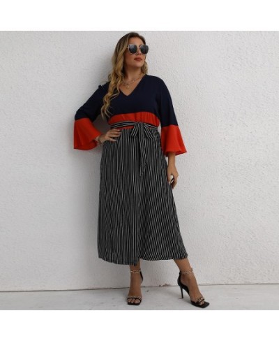 Fashionable Plus-size Women's With Matching Colors V-neck Stripes Lady's Dress $35.57 - Plus Size Clothes