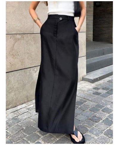 2022 Women's Vintage Elastic Waist Buttons Skirts Summer Female Casual Cotton Black Split Long Skirts $58.36 - Skirts