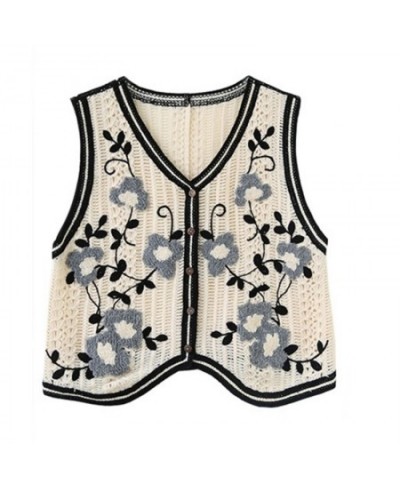 Korean Style Women Crochet Knit Crop Top Vest Vintage Floral Embroidery Sleeveless Cardigan Jacket Button Down Boho Hippie LX...