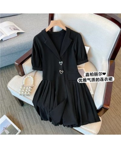 Women Summer Elegant Office Ladies Black Dress Casual Notched V Neck Short Sleeve High Waist Pleated Blazer Dresses Lady $58....