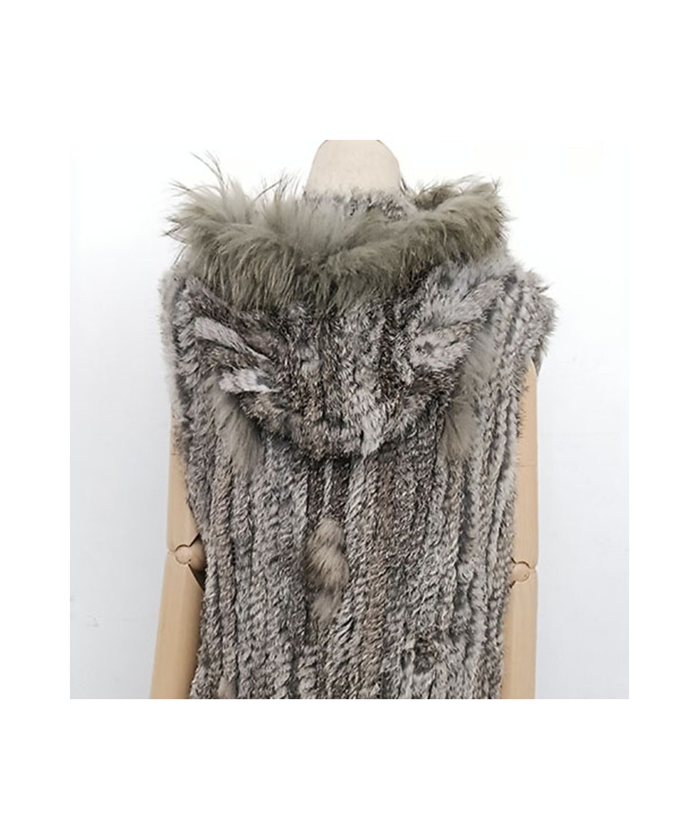 Women Spring Hooded Knitted Real Fur Vest Hot-sale Knitted short rabbit fur gilet with hood with raccoon fur trim for women $...