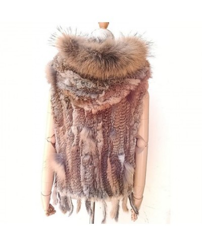 Women Spring Hooded Knitted Real Fur Vest Hot-sale Knitted short rabbit fur gilet with hood with raccoon fur trim for women $...