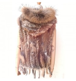 Women Spring Hooded Knitted Real Fur Vest Hot-sale Knitted short rabbit fur gilet with hood with raccoon fur trim for women $...