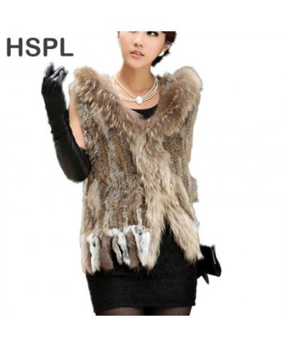 Women Spring Hooded Knitted Real Fur Vest Hot-sale Knitted short rabbit fur gilet with hood with raccoon fur trim for women $...