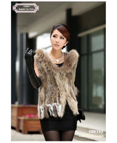 Women Spring Hooded Knitted Real Fur Vest Hot-sale Knitted short rabbit fur gilet with hood with raccoon fur trim for women $...