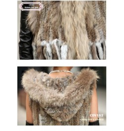 Women Spring Hooded Knitted Real Fur Vest Hot-sale Knitted short rabbit fur gilet with hood with raccoon fur trim for women $...