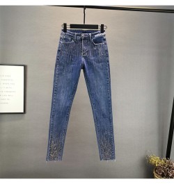 Women Vintage Streetwear Slim High Waisted Strench Diamonds Jeans Woman Casual Elastic Pencil Denim Pants Trousers Mom Jeans ...