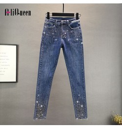 Women Vintage Streetwear Slim High Waisted Strench Diamonds Jeans Woman Casual Elastic Pencil Denim Pants Trousers Mom Jeans ...