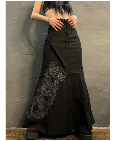 Vintage Dragon Print Mermaid Skirt Women Chinese Style Streetwear Lace Up High Waist Lace Patchwork Gothic Long Skirt $44.89 ...