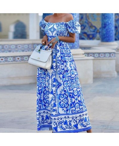 Summer Print Waist Pleated Backless Evening Dress Women Boho Maxi Dresses Elegant Off Shoulder Puff Sleeve Party Long Dress $...