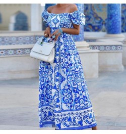 Summer Print Waist Pleated Backless Evening Dress Women Boho Maxi Dresses Elegant Off Shoulder Puff Sleeve Party Long Dress $...