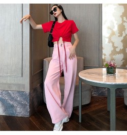 2022 Fashion Women Pink High Waist Loose Casual Pants Korean Style d Omighty Vintage Trousers Wide Leg Pants KZ615 $46.16 - J...