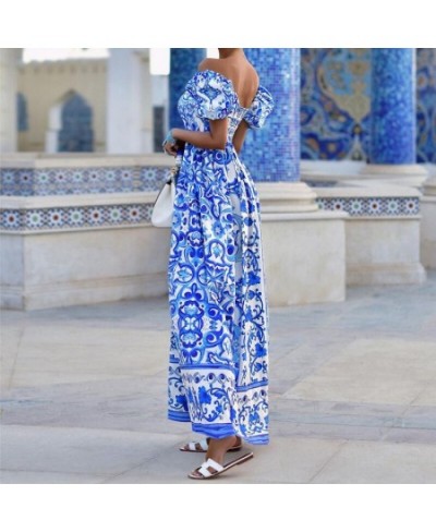 Summer Print Waist Pleated Backless Evening Dress Women Boho Maxi Dresses Elegant Off Shoulder Puff Sleeve Party Long Dress $...