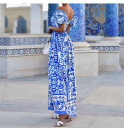 Summer Print Waist Pleated Backless Evening Dress Women Boho Maxi Dresses Elegant Off Shoulder Puff Sleeve Party Long Dress $...