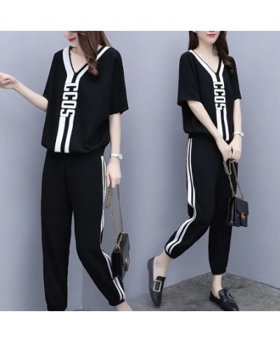 2022 New Summer V-Neck T-Shirt Casual Elastic Waist Sports Pant Suit Female Loose Size 3XL Fashion Two-Piece Sets White $39.0...