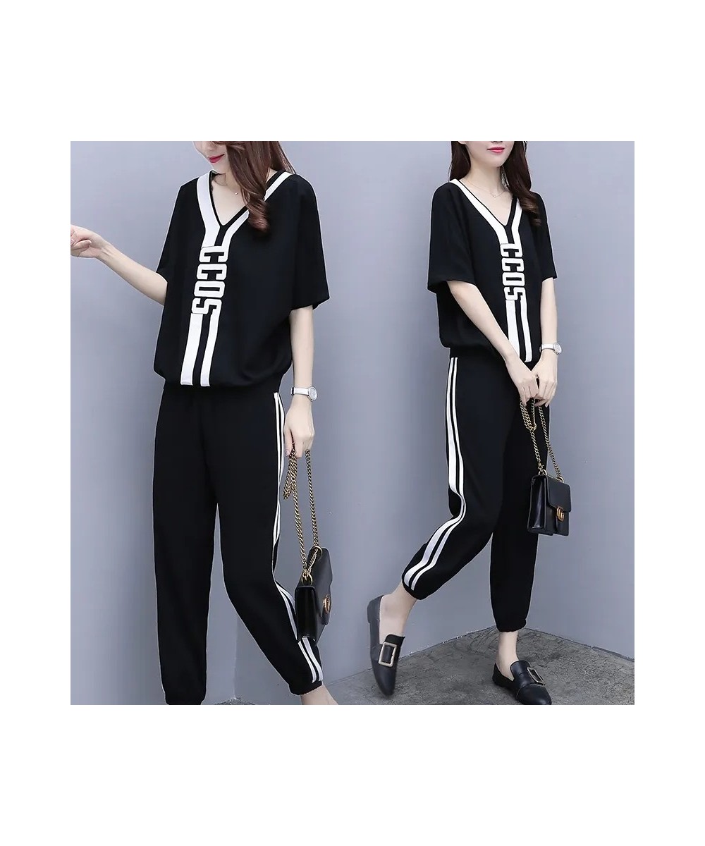 2022 New Summer V-Neck T-Shirt Casual Elastic Waist Sports Pant Suit Female Loose Size 3XL Fashion Two-Piece Sets White $39.0...