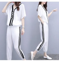 2022 New Summer V-Neck T-Shirt Casual Elastic Waist Sports Pant Suit Female Loose Size 3XL Fashion Two-Piece Sets White $39.0...