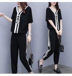 2022 New Summer V-Neck T-Shirt Casual Elastic Waist Sports Pant Suit Female Loose Size 3XL Fashion Two-Piece Sets White $39.0...