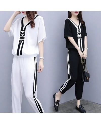 2022 New Summer V-Neck T-Shirt Casual Elastic Waist Sports Pant Suit Female Loose Size 3XL Fashion Two-Piece Sets White $39.0...