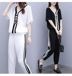 2022 New Summer V-Neck T-Shirt Casual Elastic Waist Sports Pant Suit Female Loose Size 3XL Fashion Two-Piece Sets White $39.0...