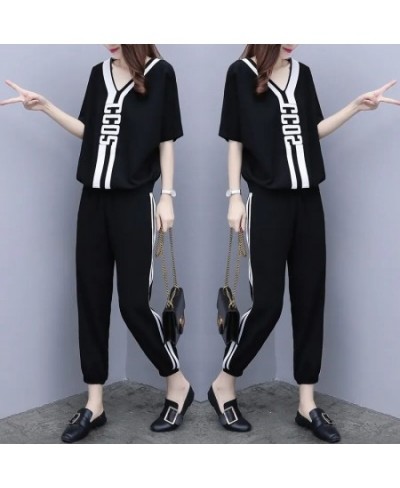 2022 New Summer V-Neck T-Shirt Casual Elastic Waist Sports Pant Suit Female Loose Size 3XL Fashion Two-Piece Sets White $39.0...