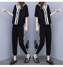 2022 New Summer V-Neck T-Shirt Casual Elastic Waist Sports Pant Suit Female Loose Size 3XL Fashion Two-Piece Sets White $39.0...