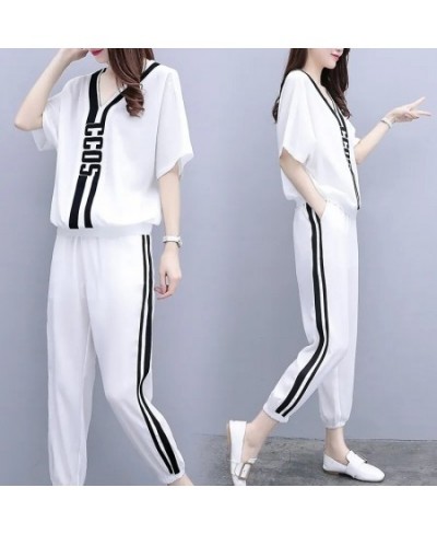 2022 New Summer V-Neck T-Shirt Casual Elastic Waist Sports Pant Suit Female Loose Size 3XL Fashion Two-Piece Sets White $39.0...