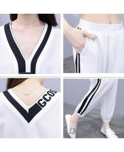 2022 New Summer V-Neck T-Shirt Casual Elastic Waist Sports Pant Suit Female Loose Size 3XL Fashion Two-Piece Sets White $39.0...