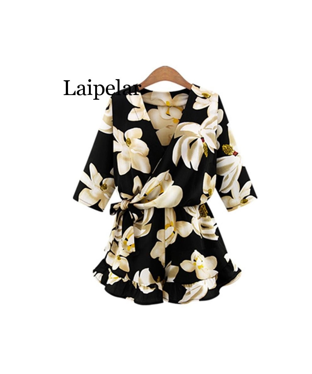 New Large Size Women's Chiffon Print V Neck Middle Sleeve Jumpsuit Fashion Trousers Skirt Loose Shorts Rompers Women Jumpsuit...