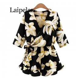 New Large Size Women's Chiffon Print V Neck Middle Sleeve Jumpsuit Fashion Trousers Skirt Loose Shorts Rompers Women Jumpsuit...