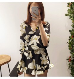 New Large Size Women's Chiffon Print V Neck Middle Sleeve Jumpsuit Fashion Trousers Skirt Loose Shorts Rompers Women Jumpsuit...