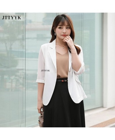 Plus Size Spring Summer Womens Blazer Middle Sleeve Slim Fit Korean Grace Office Work Clothes Business Wear Fashion Basic $53...