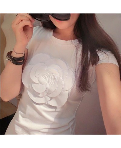 women summer 3d camellia embroidery luxury T-shirt ladies fashion tops slim casual tee shirts vetement femal $28.93 - Tops & ...
