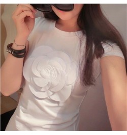 women summer 3d camellia embroidery luxury T-shirt ladies fashion tops slim casual tee shirts vetement femal $28.93 - Tops & ...