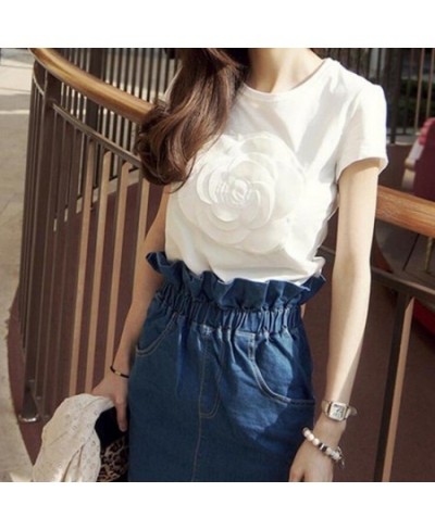 women summer 3d camellia embroidery luxury T-shirt ladies fashion tops slim casual tee shirts vetement femal $28.93 - Tops & ...