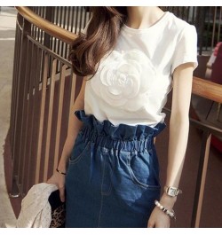 women summer 3d camellia embroidery luxury T-shirt ladies fashion tops slim casual tee shirts vetement femal $28.93 - Tops & ...