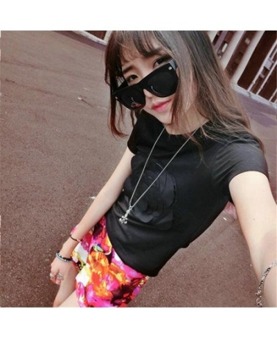 women summer 3d camellia embroidery luxury T-shirt ladies fashion tops slim casual tee shirts vetement femal $28.93 - Tops & ...