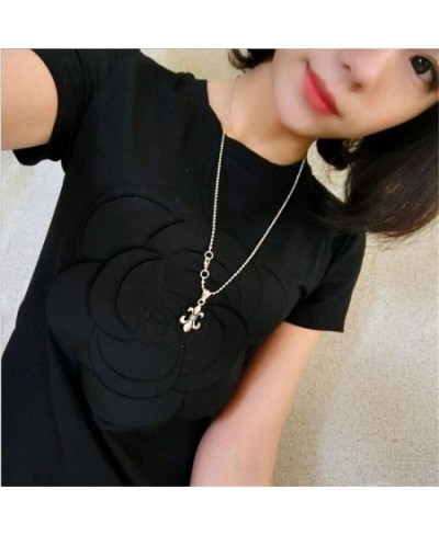 women summer 3d camellia embroidery luxury T-shirt ladies fashion tops slim casual tee shirts vetement femal $28.93 - Tops & ...