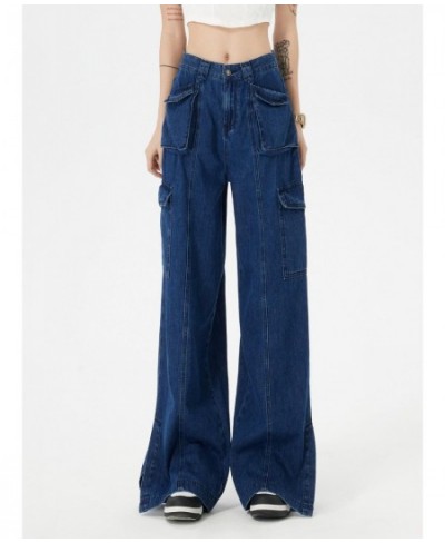 Vintage Blue High Waist Jeans for Women Split Hip Pop Pocket Cargo Jeans Spring 2023 Full Length Denim Pants $49.14 - Bottoms