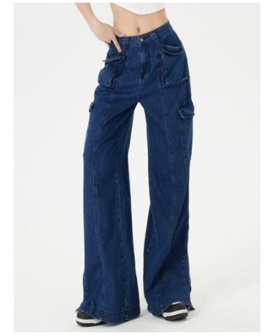 Vintage Blue High Waist Jeans for Women Split Hip Pop Pocket Cargo Jeans Spring 2023 Full Length Denim Pants $49.14 - Bottoms