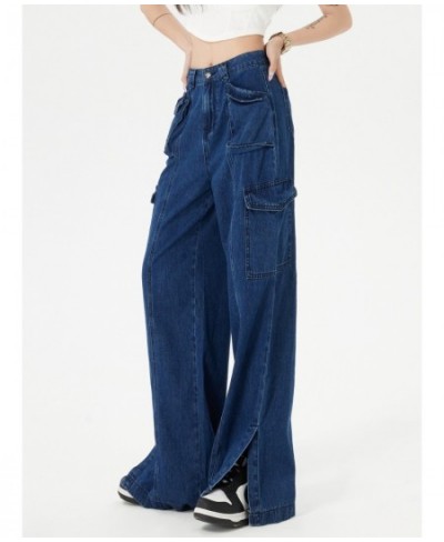 Vintage Blue High Waist Jeans for Women Split Hip Pop Pocket Cargo Jeans Spring 2023 Full Length Denim Pants $49.14 - Bottoms