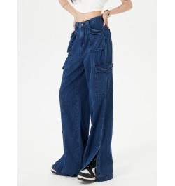 Vintage Blue High Waist Jeans for Women Split Hip Pop Pocket Cargo Jeans Spring 2023 Full Length Denim Pants $49.14 - Bottoms