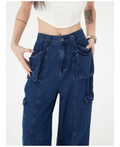 Vintage Blue High Waist Jeans for Women Split Hip Pop Pocket Cargo Jeans Spring 2023 Full Length Denim Pants $49.14 - Bottoms