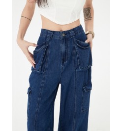 Vintage Blue High Waist Jeans for Women Split Hip Pop Pocket Cargo Jeans Spring 2023 Full Length Denim Pants $49.14 - Bottoms