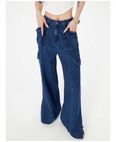 Vintage Blue High Waist Jeans for Women Split Hip Pop Pocket Cargo Jeans Spring 2023 Full Length Denim Pants $49.14 - Bottoms