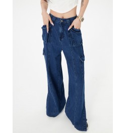 Vintage Blue High Waist Jeans for Women Split Hip Pop Pocket Cargo Jeans Spring 2023 Full Length Denim Pants $49.14 - Bottoms